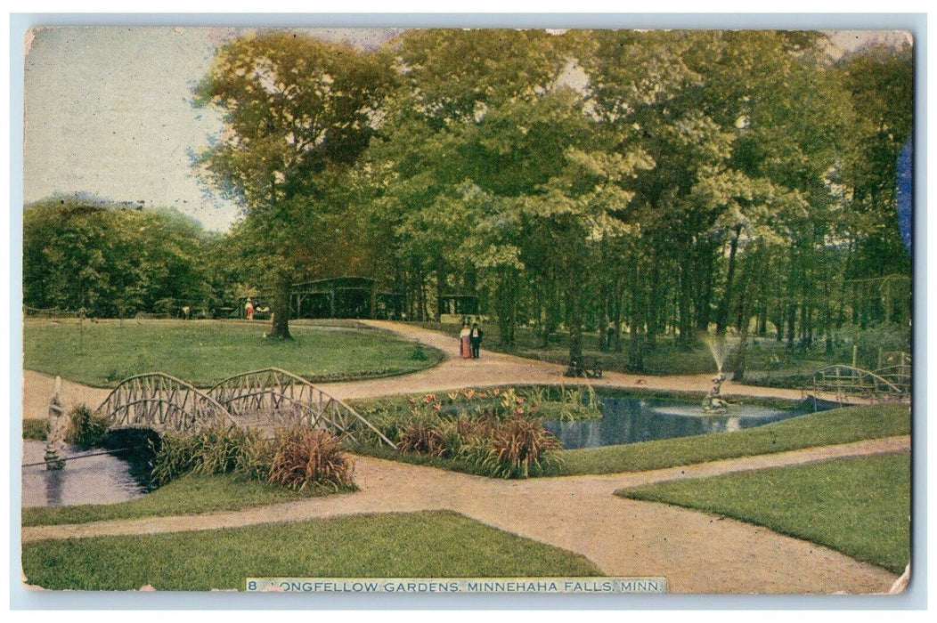1911 Longfellow Gardens Minnehaha Falls Bridge Pond Fountain Minnesota Postcard