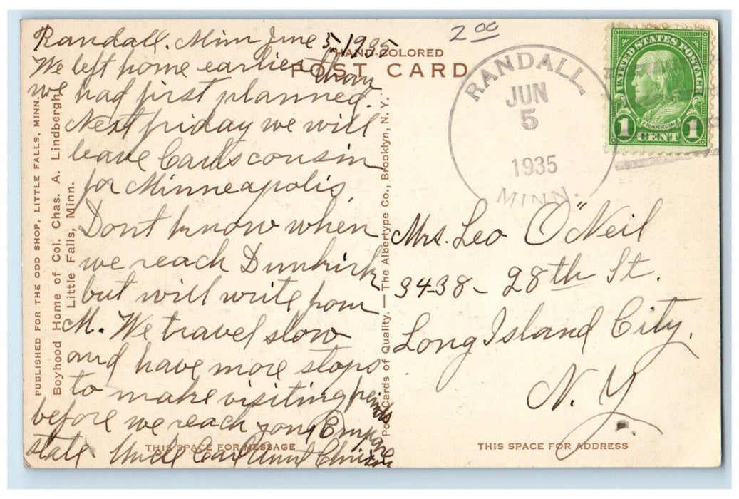 1935 Boyhood Home Col Lindbergh Little Falls Minnesota Vintage Antique Postcard