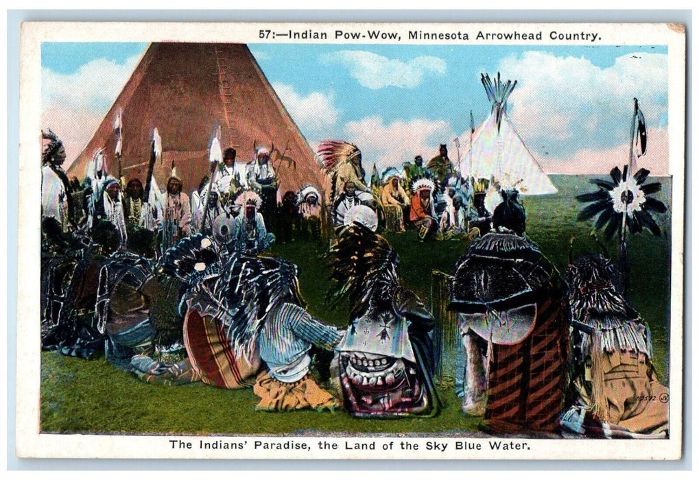 1920 Indian Pow Wow Minnesota Arrowhead Country Paradise Sky Blue Water Postcard