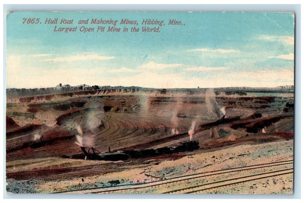 1913 Hull Rust Mahoning Mines Locomotive Train Rail Hibbing Minnesota Postcard