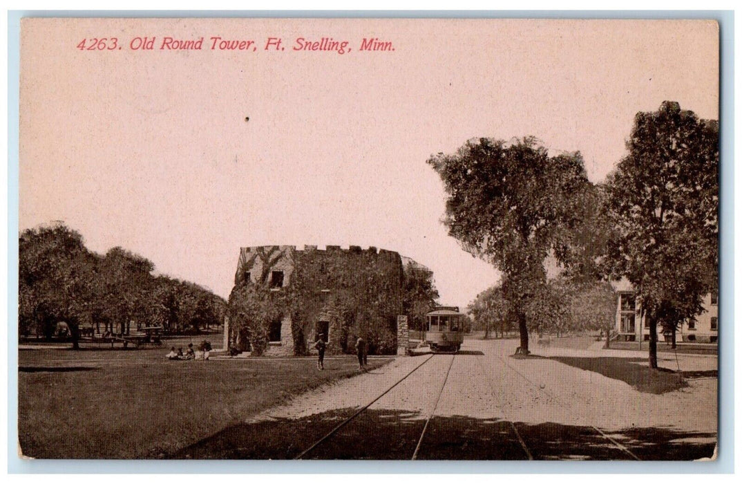 c1910 Old Round Tower Exterior Streetcar Trolley Ft. Snelling Minnesota Postcard