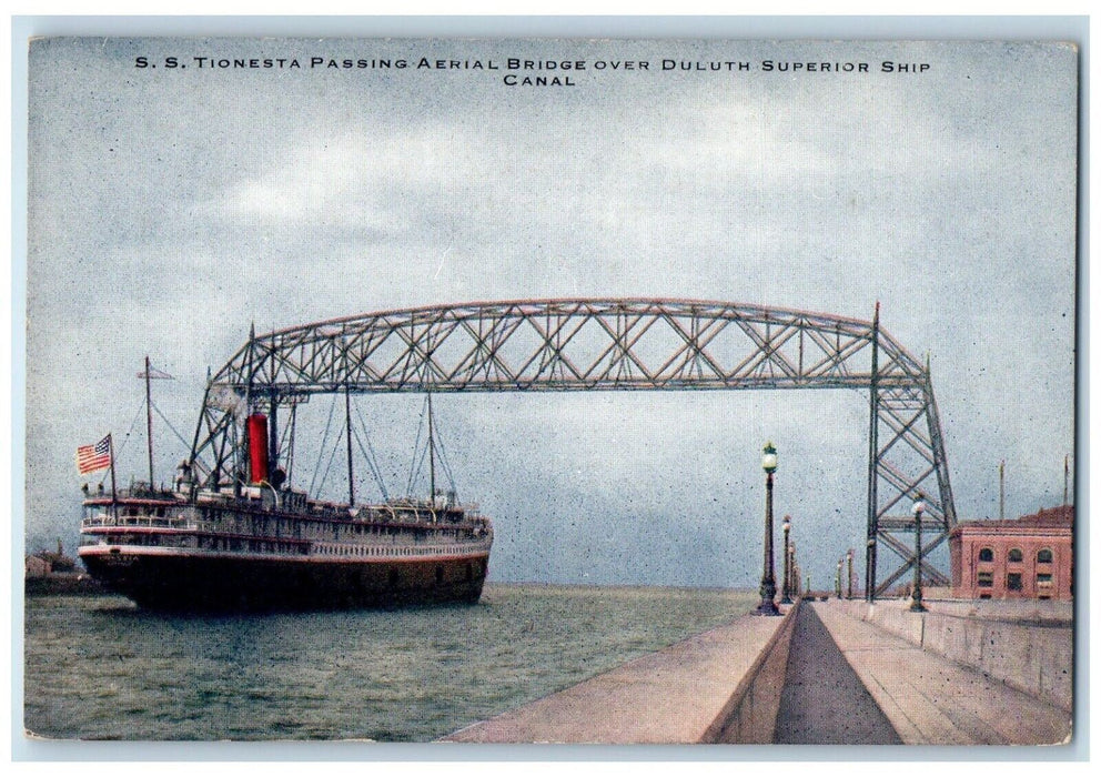 c1910 S.S. Tionesta Passing Aerial Bridge Duluth Superior Ship Canal MN Postcard