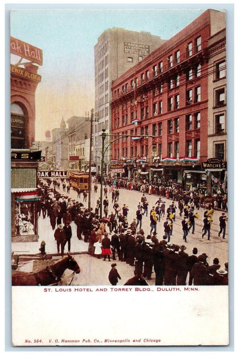 c1910 St. Louis Hotel Torrey Building Parade Streetcar Duluth Minnesota Postcard