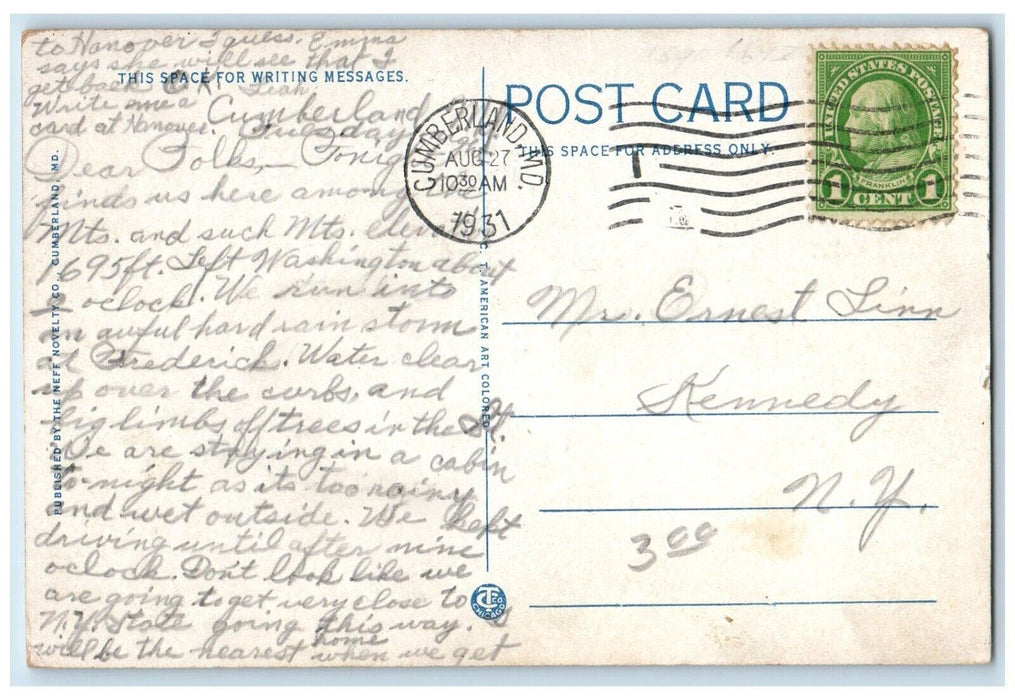 1931 National Highway Thru Narrows Cumberland Maryland Antique Vintage Postcard