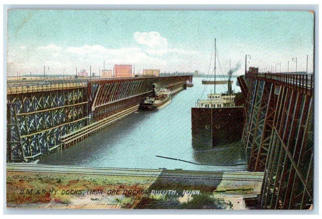 c1905 D.M RY Docks Iron Ore Docks Steamer Ferry Pier Duluth Minnesota Postcard