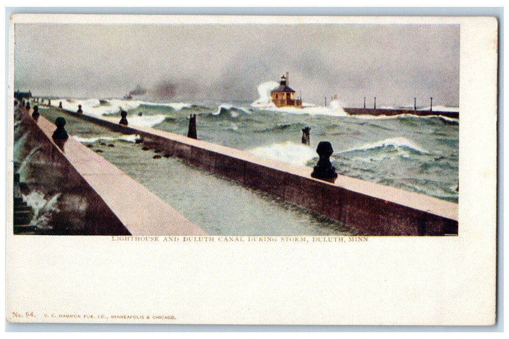 c1905 Lighthouse Duluth Canal During Storm Sea Waves Duluth Minnesota Postcard