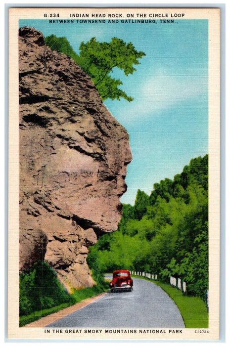 c1940's Indian Head Rock Circle Loop Between Townsend & Gatlinburg TN Postcard