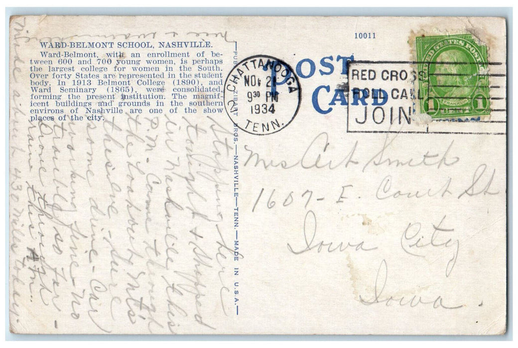 1934 North Group from Belmont Ave. Ward-Belmont School Nashville TN Postcard