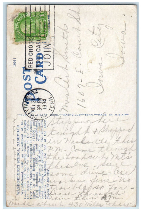 1934 North Group from Belmont Ave. Ward-Belmont School Nashville TN Postcard
