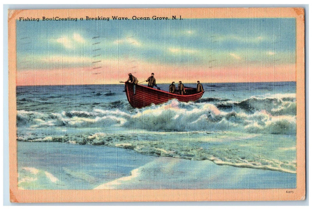 1949 Fishing Boat Cresting a Breaking Wave Ocean Grove New Jersey NJ Postcard