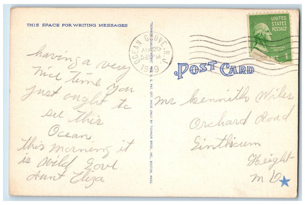 1949 Fishing Boat Cresting a Breaking Wave Ocean Grove New Jersey NJ Postcard
