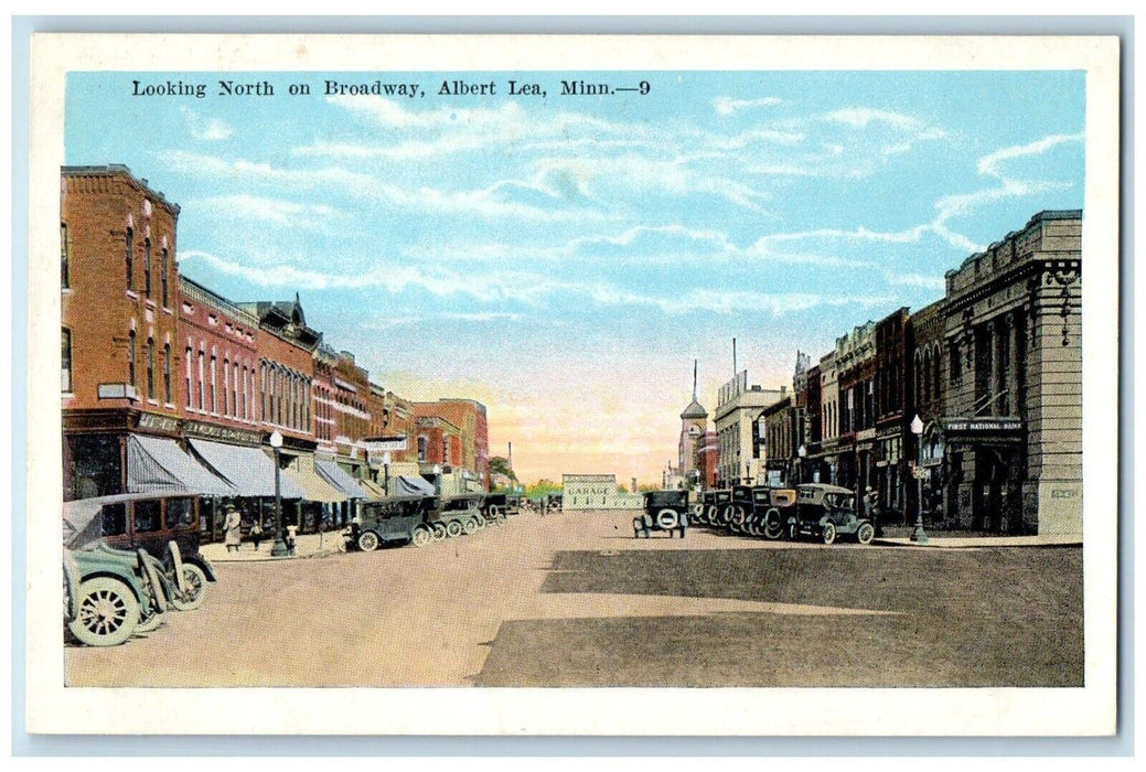 c1920 Looking North Broadway Classic Car Exterior Albert Lea Minnesota Postcard
