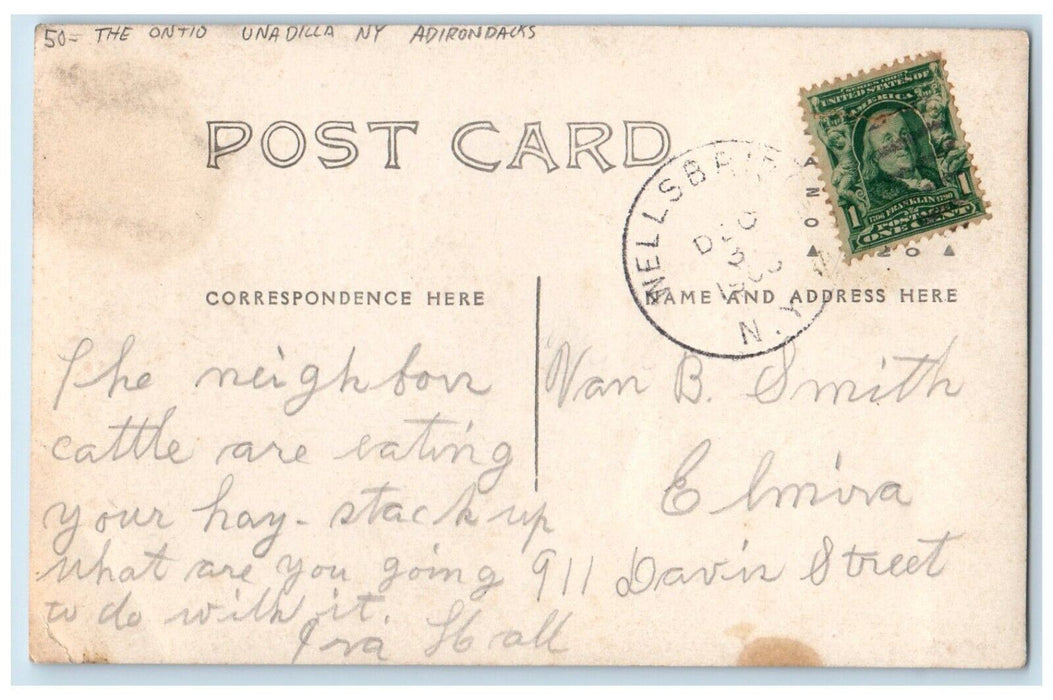 1908 The Ontio Unadilla New York NY, Adirondacks Antique RPPC Photo Postcard