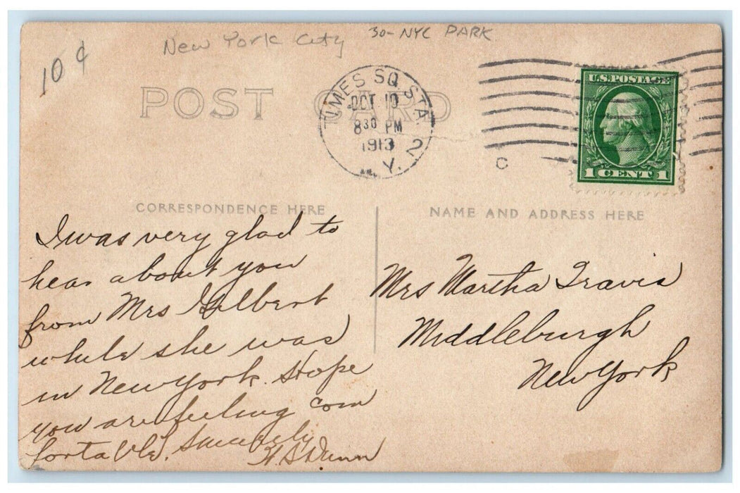 1913 View Of Park New York City New York NY Posted Antique RPPC Photo Postcard