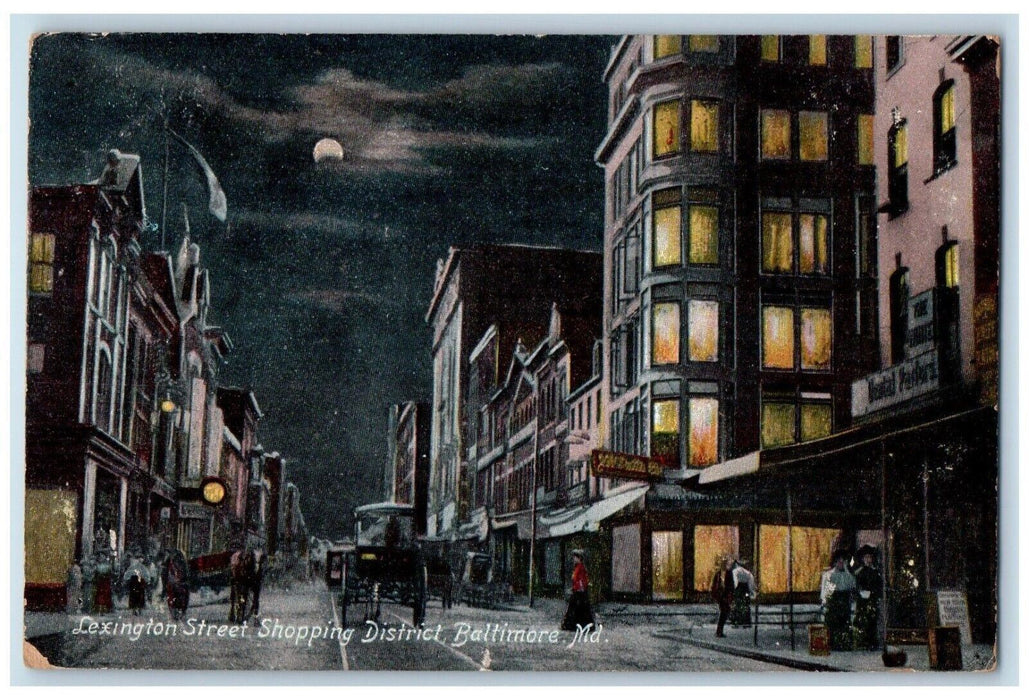 1908 Lexington Street Shopping District Night View Baltimore Maryland Postcard