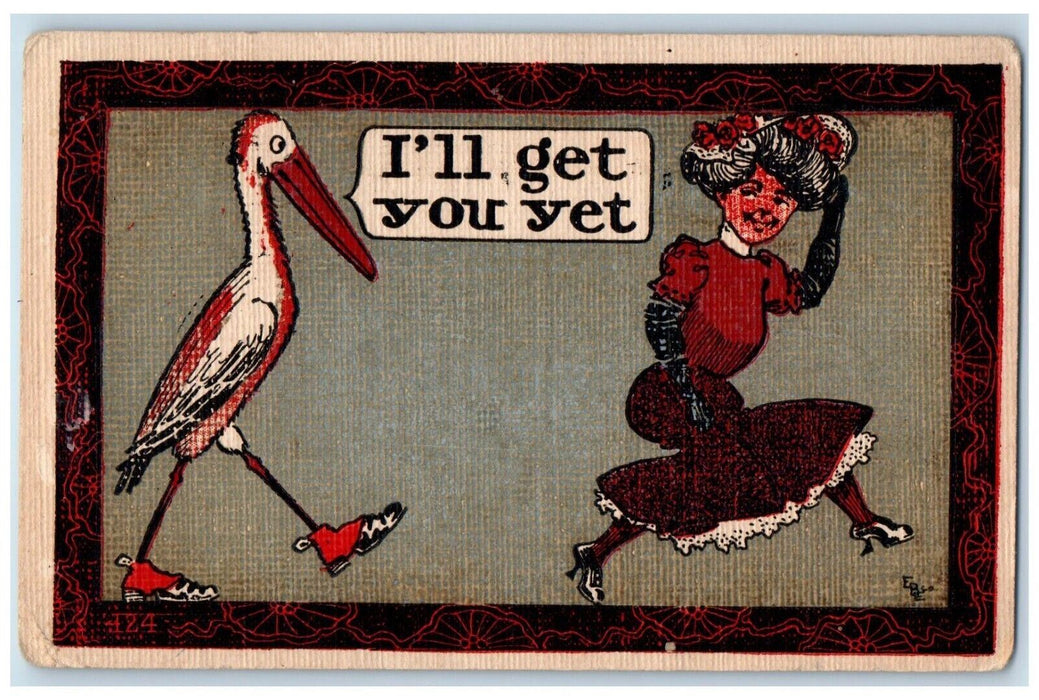 c1910's Anthropomorphic Stork Chasing Woman I'll Get You Yet Antique Postcard