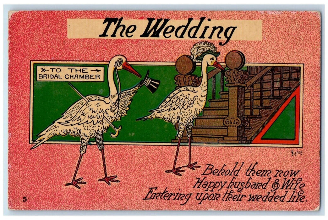 1908 The Wedding Couple Stork To The Bridal Chamber Decatur IL Antique Postcard