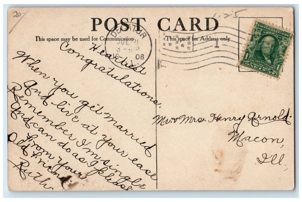 1908 The Wedding Couple Stork To The Bridal Chamber Decatur IL Antique Postcard