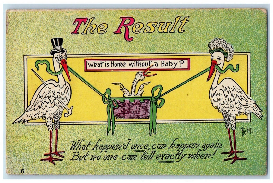 1910 The Result Anthropomorphic Couple Stork Baby In Basket Antique Postcard