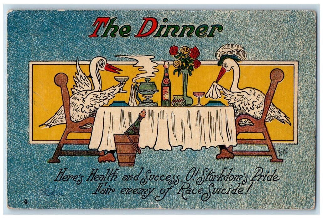 1908 Anthropomorphic Stork The Dinner Race Suicide Parnell Iowa IA Postcard