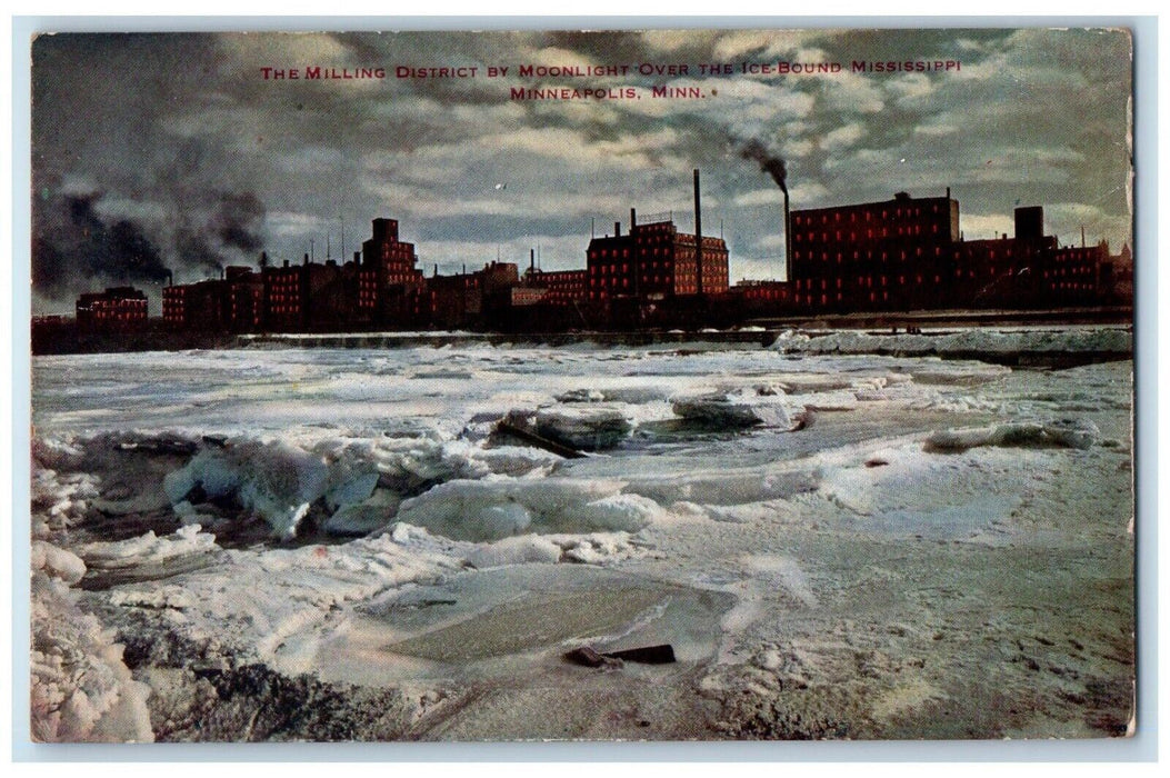 1917 Milling District Moonlight Ice Mississippi Minneapolis Minnesota Postcard