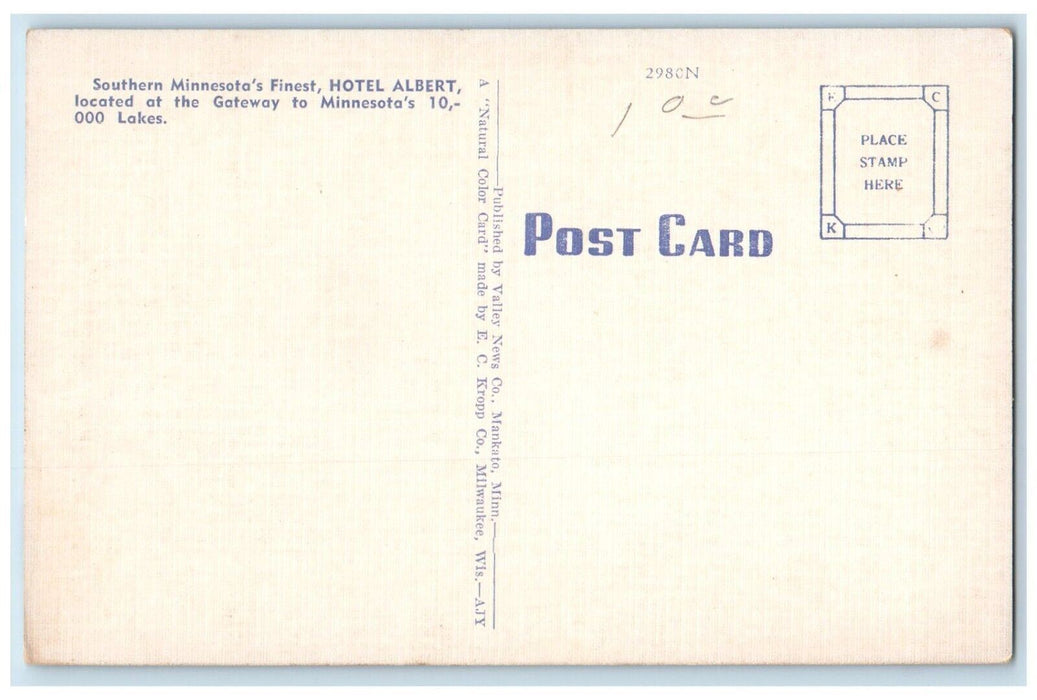 c1940 Hotel Albert Gateway Exterior Building Road Albert Lea Minnesota Postcard