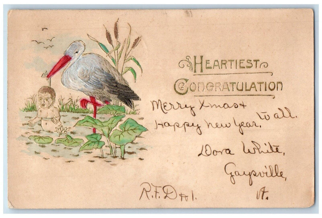 1906 Heartiest Congratulations Stork Baby Embossed Gaysville Vermont VT Postcard