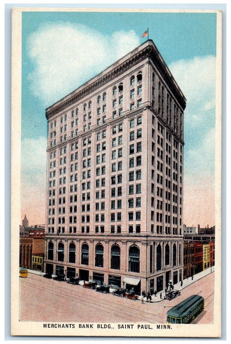 c1920 Merchants Bank Building Streetcar Exterior Saint Paul Minnesota Postcard