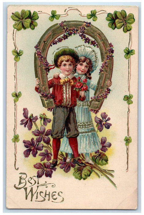 1910 Best Wishes Children Horeshoe Shamrock Flowers Embossed Antique Postcard