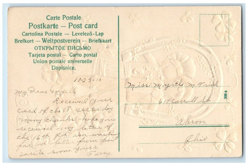 1910 Best Wishes Children Horeshoe Shamrock Flowers Embossed Antique Postcard