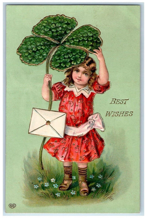 c1910's Best Wishes Pretty Girl Holding Shamrock Letter Embossed Posted Postcard