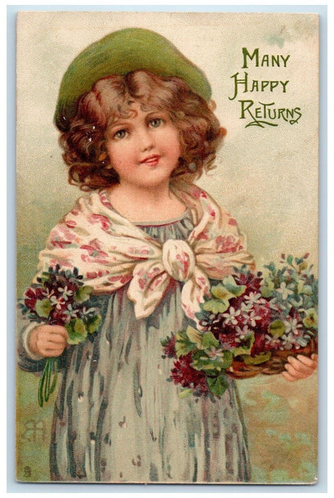 c1910's Many Happy Returns Pretty Girl Flowers Tuck's Posted Antique Postcard