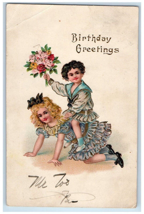 1908 Birthday Greetings Little Girl At The Back Flowers Embossed Posted Postcard