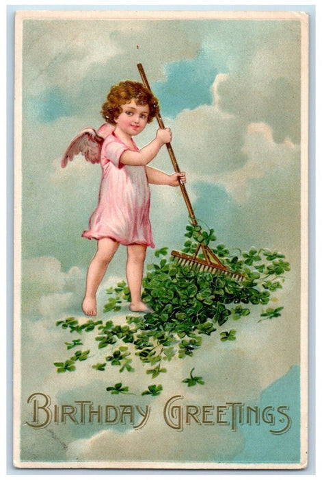 1910 Birthday Greetings Angel Shamrock Clouds Abington Pennsylvania PA Postcard