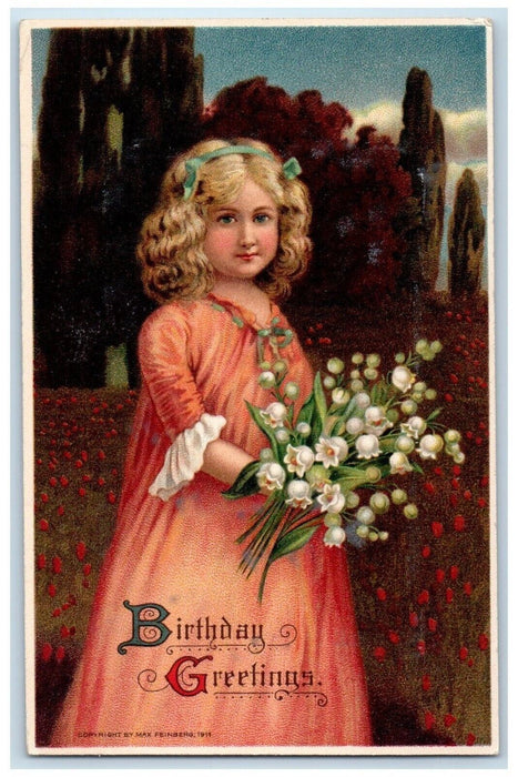 c1910's Birthday Greetings Pretty Girl Curly Hair With Flowers Antique Postcard