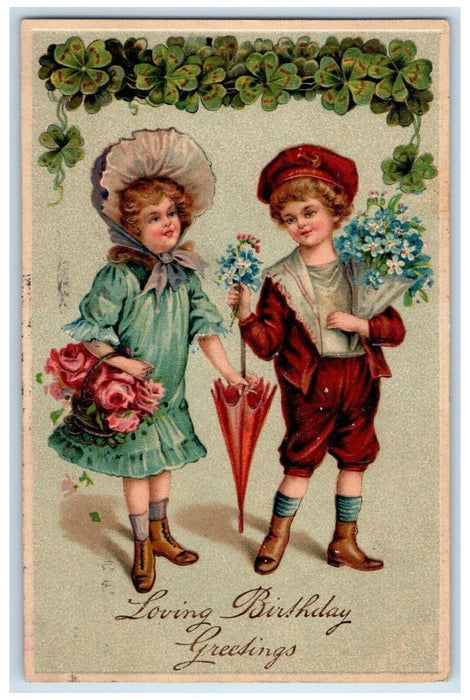 1912 Birthday Greetings Children Shamrock Flowers Basket Umbrella Postcard