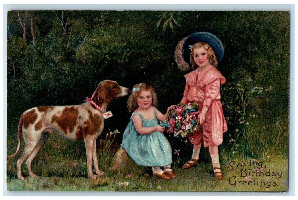 c1910's Birthday Greetings Children Flowers In Basket And Dog Embossed Postcard