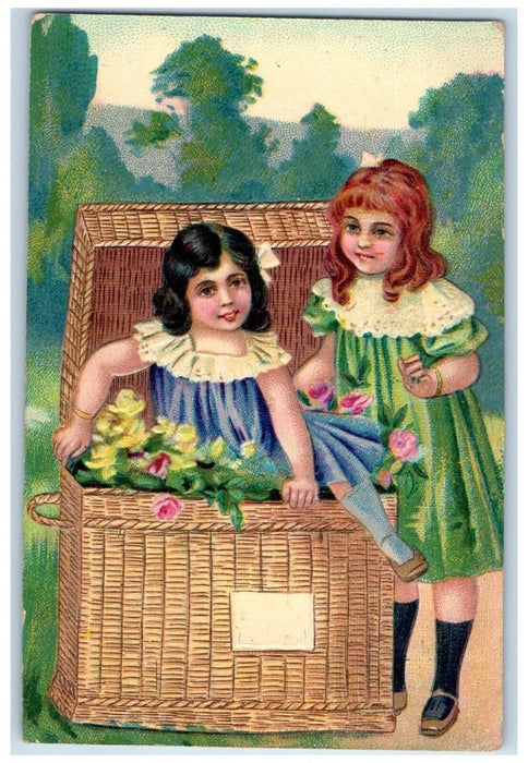 Children Girls In Basket Flowers Embossed Savannah New York NY Antique Postcard