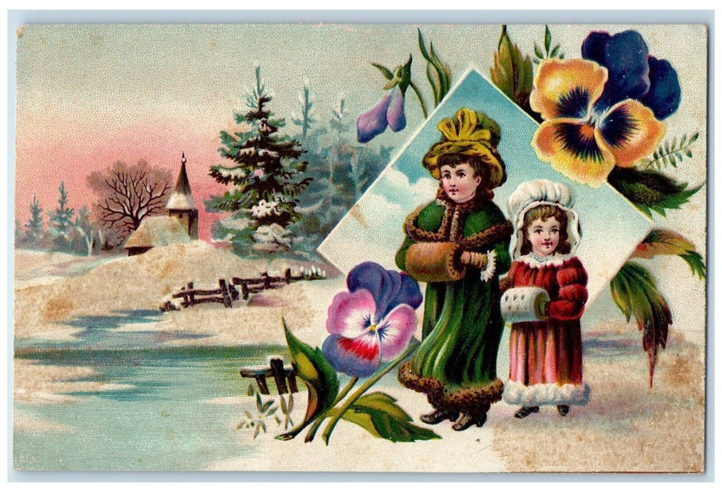 Mother And Daughter Handwarmer Flowers Winter Pine Tree Embossed Postcard