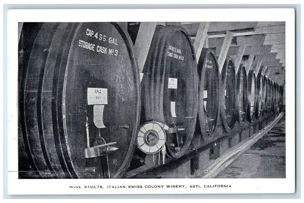 c1950's Wine Vaults Barrels Italian Swiss Colony Winery Asti CA Postcard