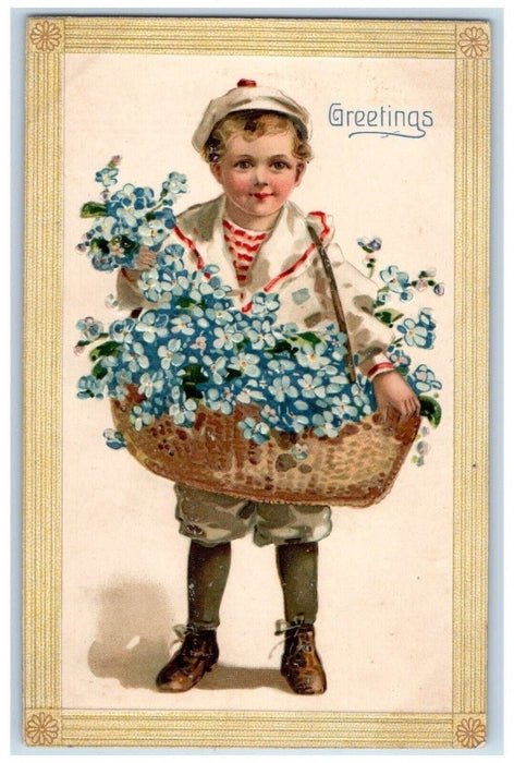 c1910's Greetings Boy Pansies Flowers In Basket Embossed Detroit MI Postcard