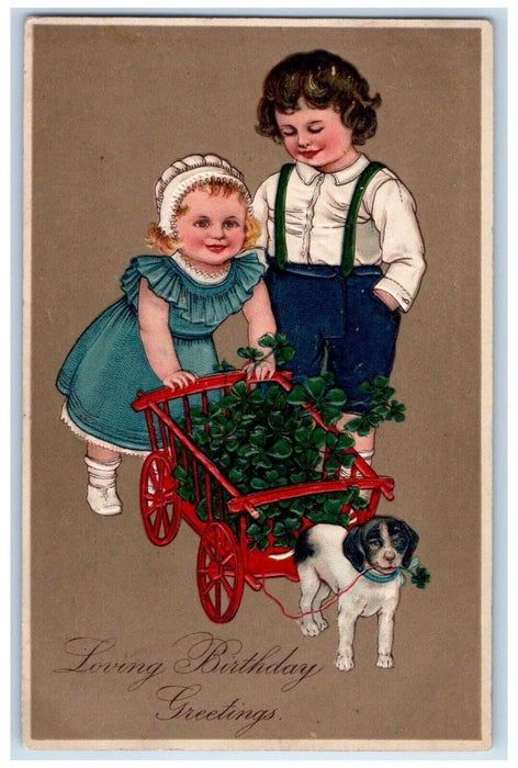 1908 Birthday Greetings Children Puppy Dog Wagon Shamrock Akron Ohio OH Postcard