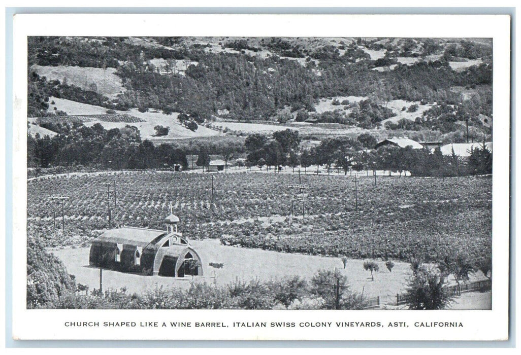 c1950's Churched Shaped Wine Barrel Italian Swiss Colony Winery Asti CA Postcard