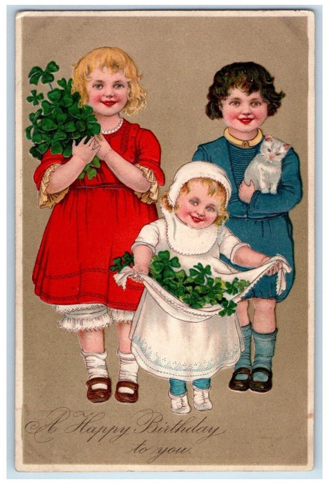 c1910's Birthday Children Girls With Shamrock Embossed Posted Antique Postcard