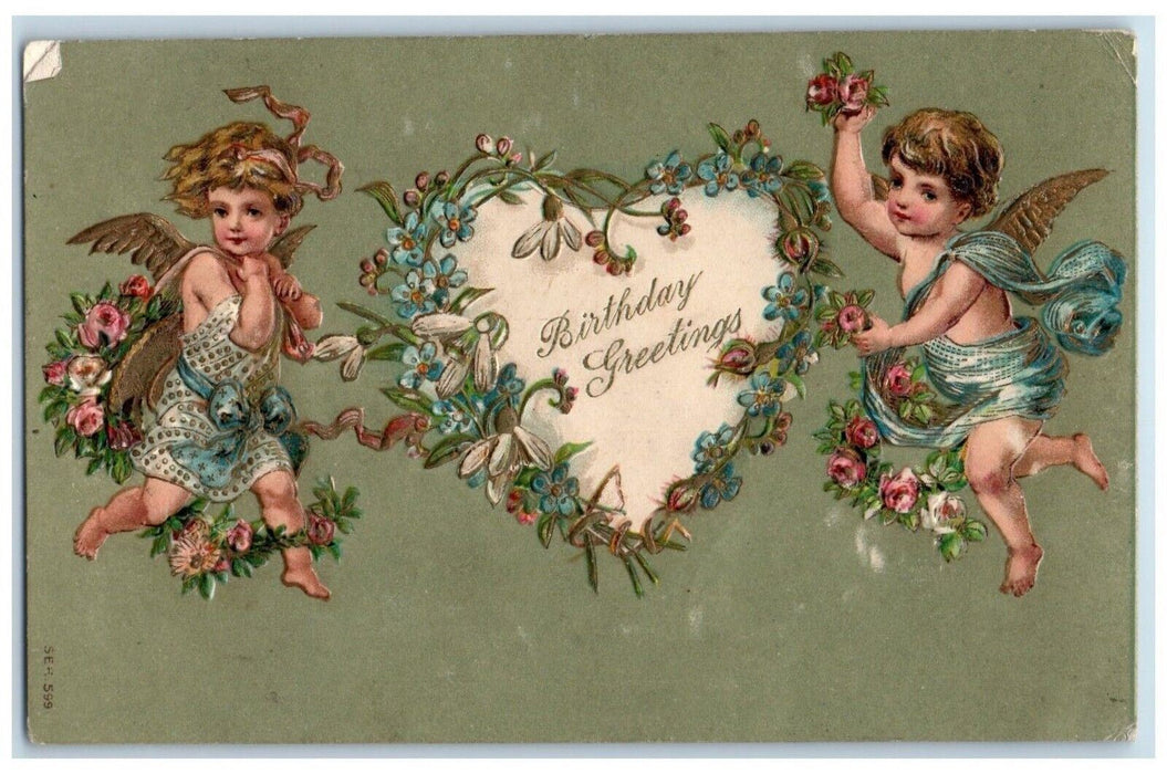 1908 Birthday Greetings Angels Pansies Rose Flowers Boyne Falls MI Postcard