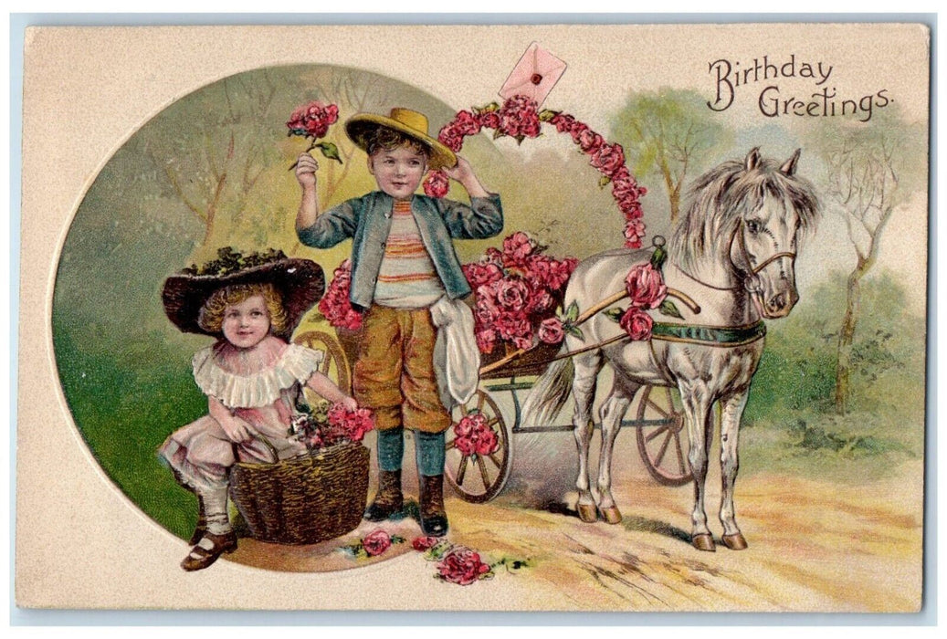 1910 Birthday Greetings Children Horse Carriage Flowers Abington PA Postcard