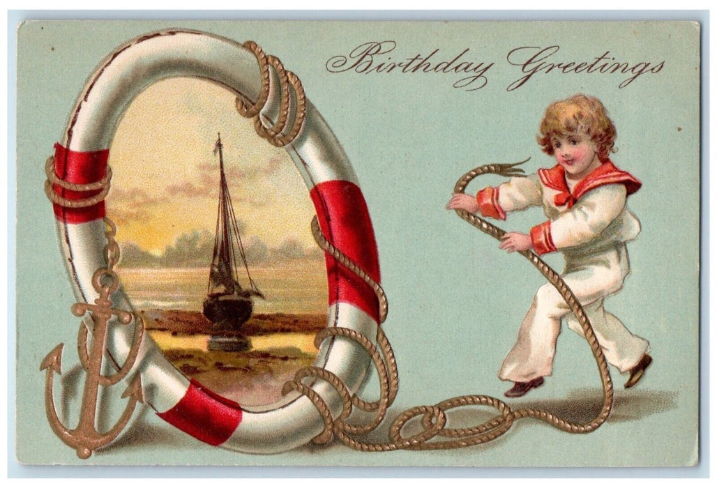 c1910's Birthday Greetings Bouy Sailor Anchor Rope Ship Embossed Posted Postcard