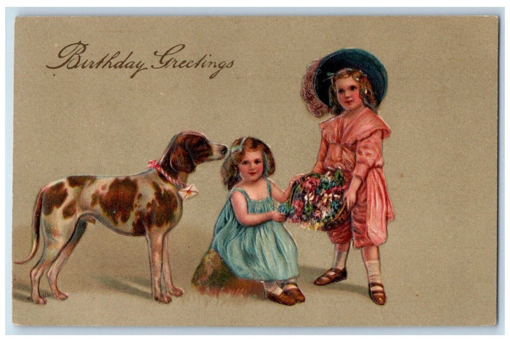 1909 Birthday Greetings Children Flowers Dog Williamsport PA Embossed Postcard