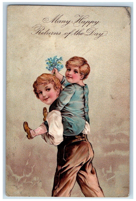 1909 Happy Returns Of The Day Boys Flowers Embossed Flushing Ohio OH Postcard