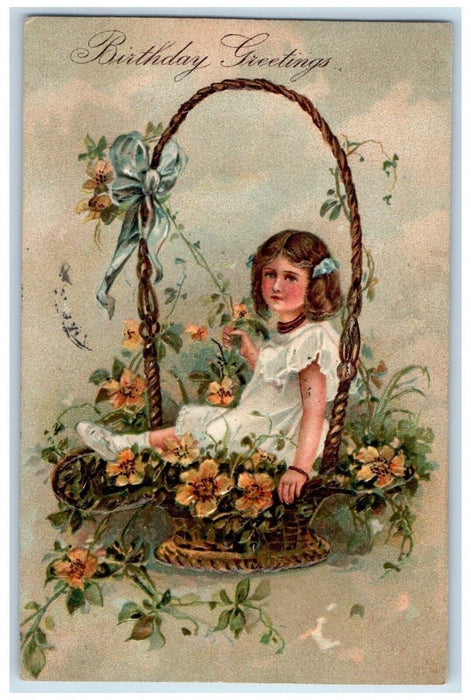 1909 Birthday Greetings Pretty Girl Flowers Basket Embossed Altoona PA Postcard